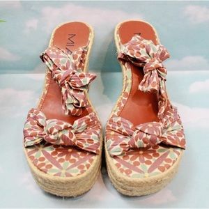 Brown Floral Fabric Ankle Wrap Espadrille Wedge